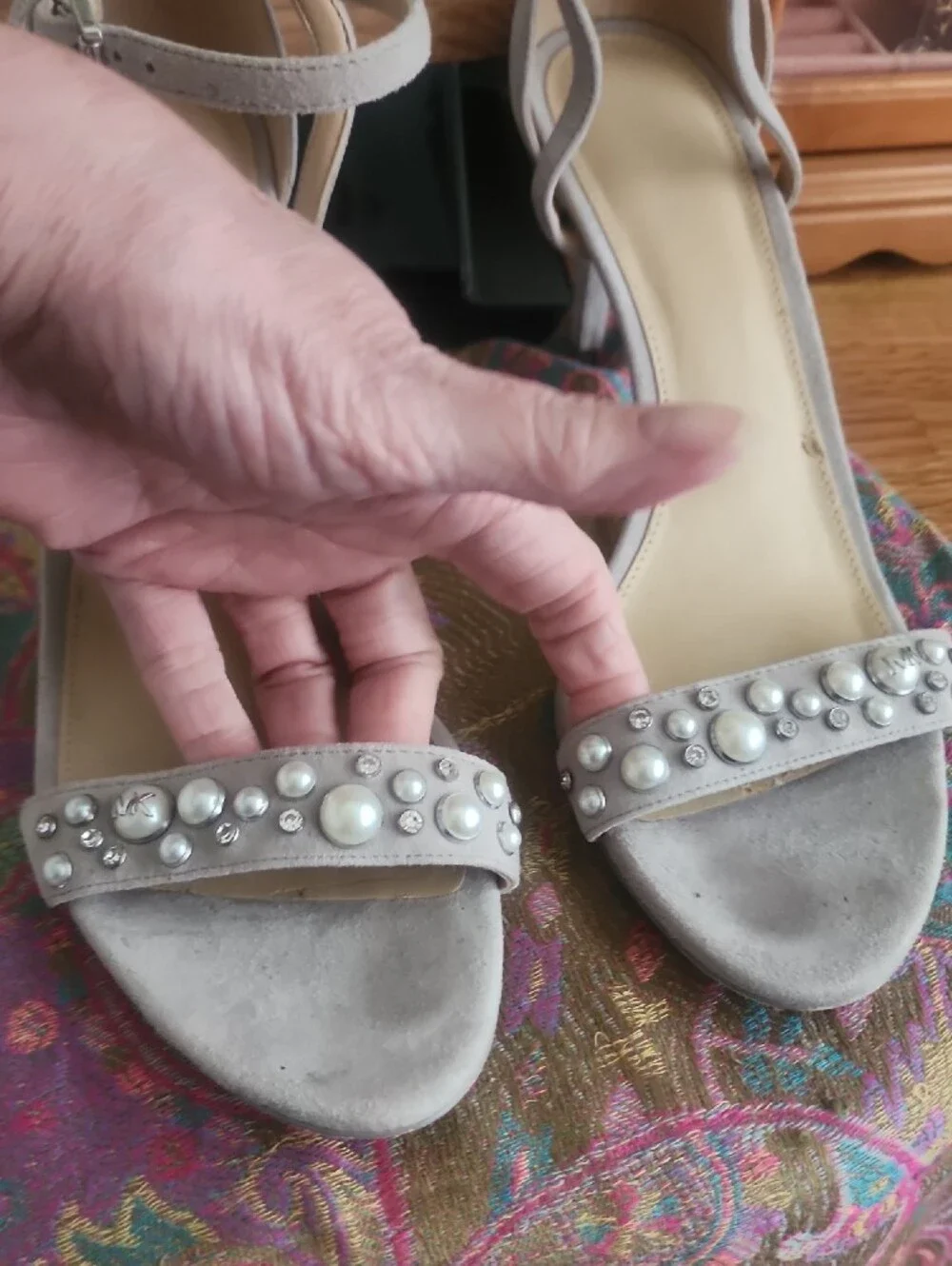 Michael Kors Pearl-Embellished Ankle-Strap Heels - Light Gray